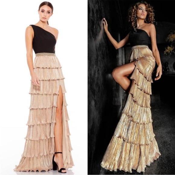 NWT MAC DUGGAL Black and Gold One Shoulder Ruffle Tiered Gown - Picture 1 of 12